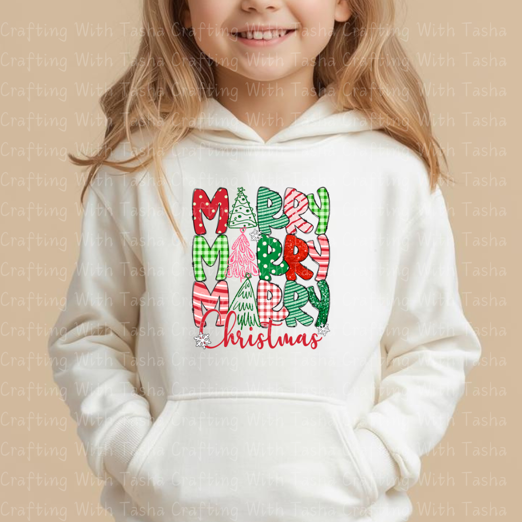 Merry Merry Christmas Patchwork DTF Transfer – Gingham, Glitter & Festive Trees Holiday Design