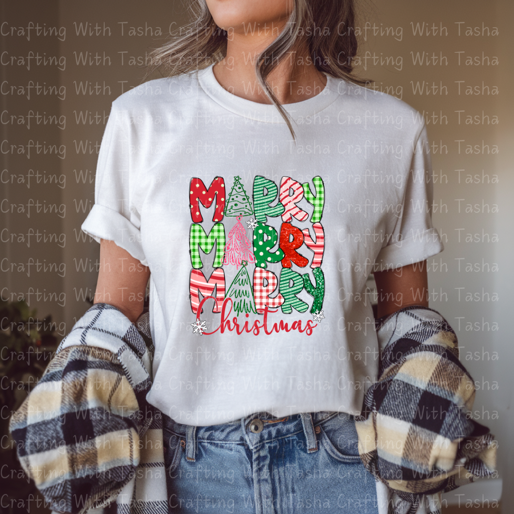 Merry Merry Christmas Patchwork DTF Transfer – Gingham, Glitter & Festive Trees Holiday Design