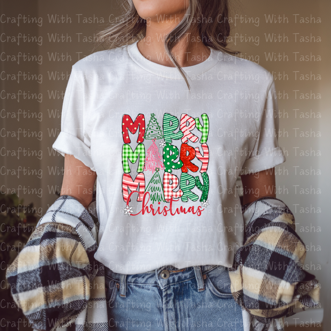 Merry Merry Christmas Patchwork DTF Transfer – Gingham, Glitter & Festive Trees Holiday Design