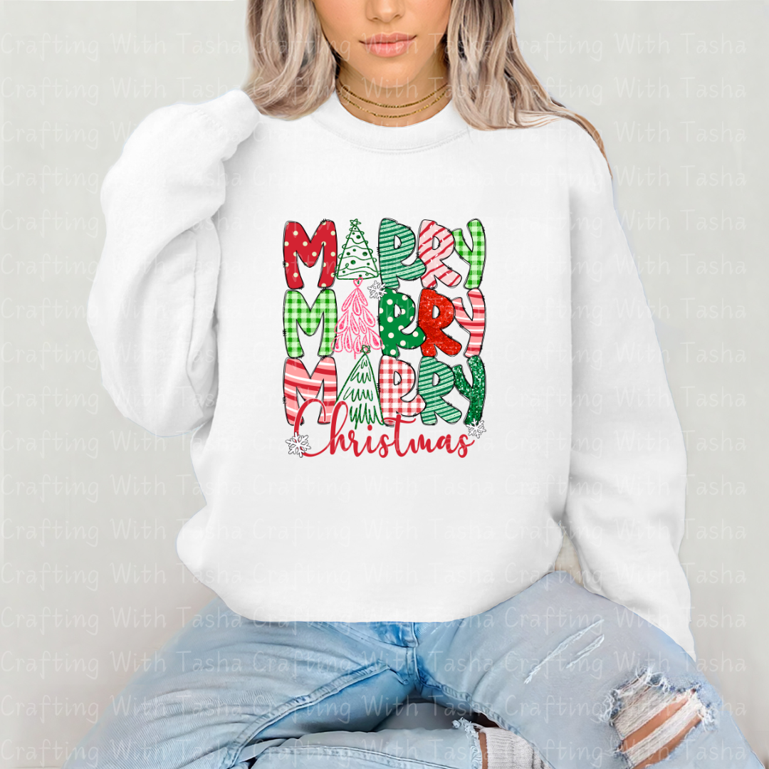 Merry Merry Christmas Patchwork DTF Transfer – Gingham, Glitter & Festive Trees Holiday Design