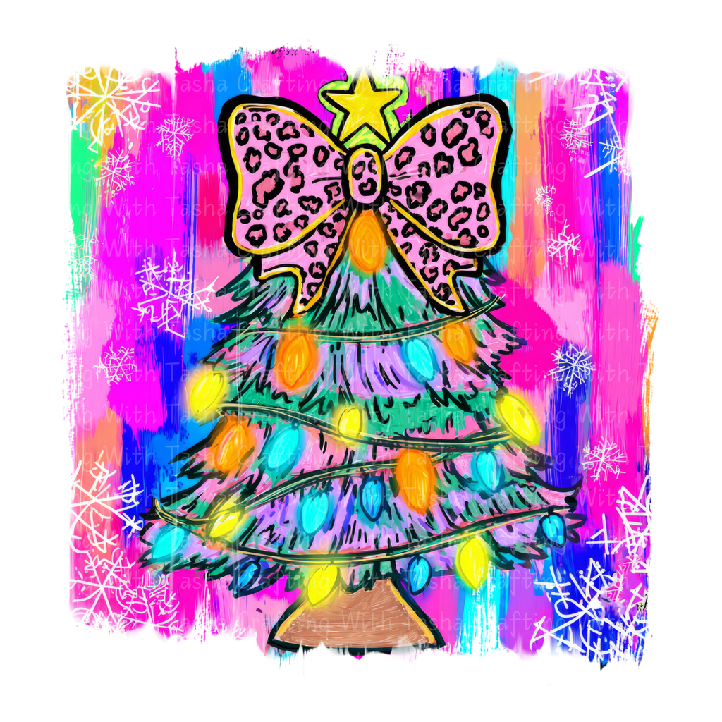 Colorful Christmas tree with a leopard print bow on a multicolored background