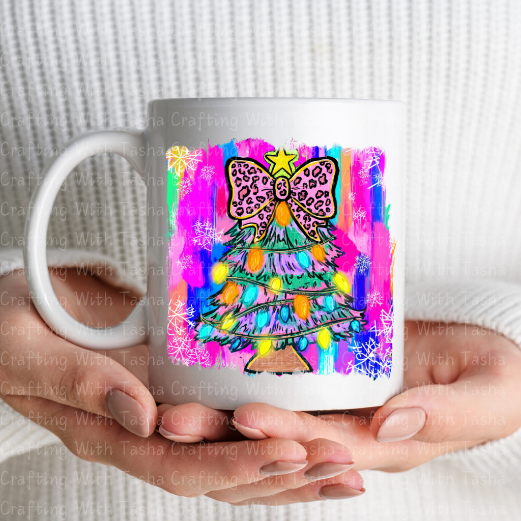Neon Leopard Bow Christmas Tree DTF Transfer – Bright Retro Holiday Lights Design