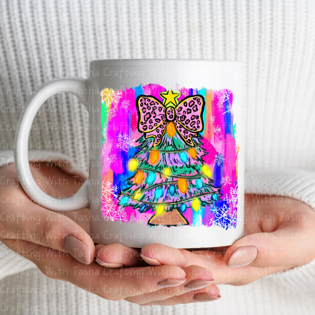 Neon Leopard Bow Christmas Tree DTF Transfer – Bright Retro Holiday Lights Design