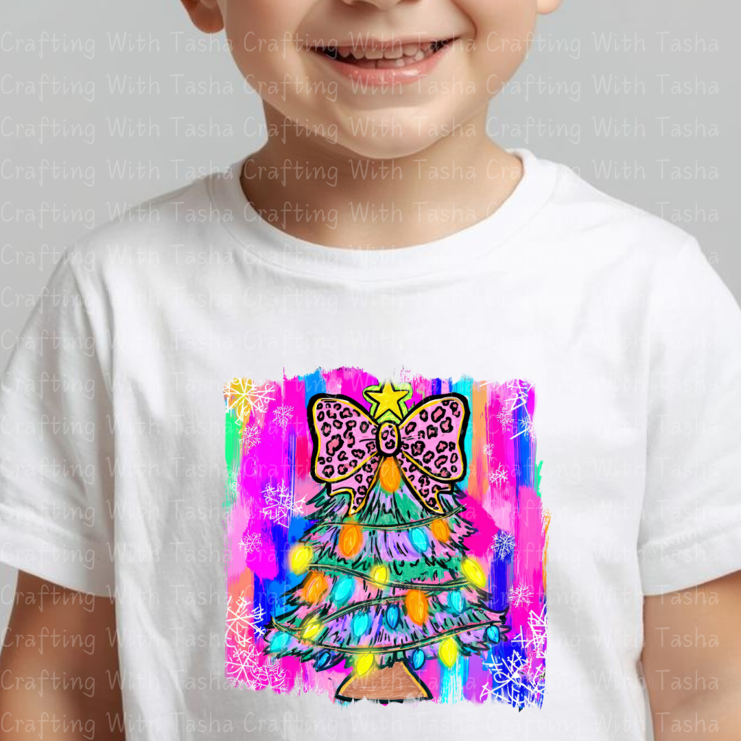 Neon Leopard Bow Christmas Tree DTF Transfer – Bright Retro Holiday Lights Design