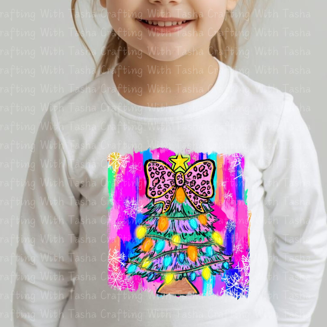 Neon Leopard Bow Christmas Tree DTF Transfer – Bright Retro Holiday Lights Design