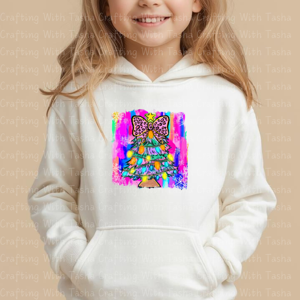 Neon Leopard Bow Christmas Tree DTF Transfer – Bright Retro Holiday Lights Design