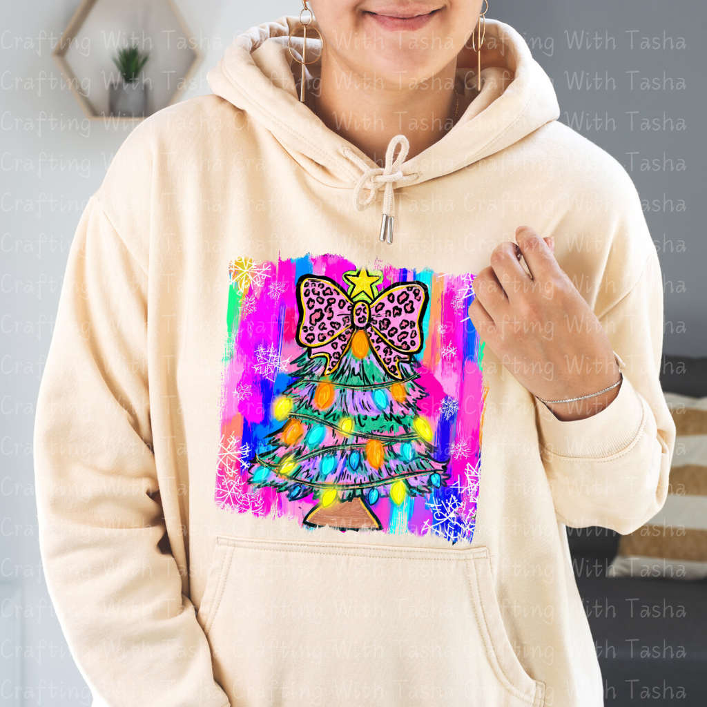 Neon Leopard Bow Christmas Tree DTF Transfer – Bright Retro Holiday Lights Design