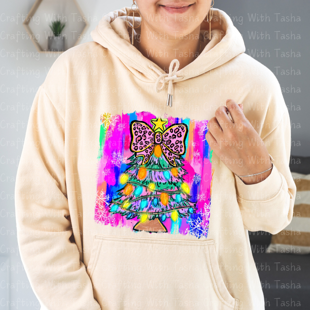 Neon Leopard Bow Christmas Tree DTF Transfer – Bright Retro Holiday Lights Design