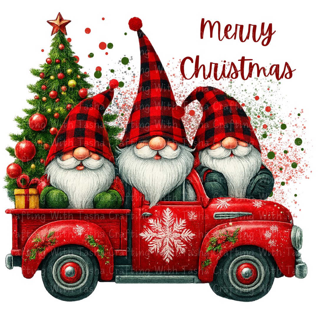 Buffalo Plaid Gnomes in Red Christmas Truck Design – Customizable DTF Transfer, T-Shirt, Crew Neck, Hoodie, or Cup Transfer