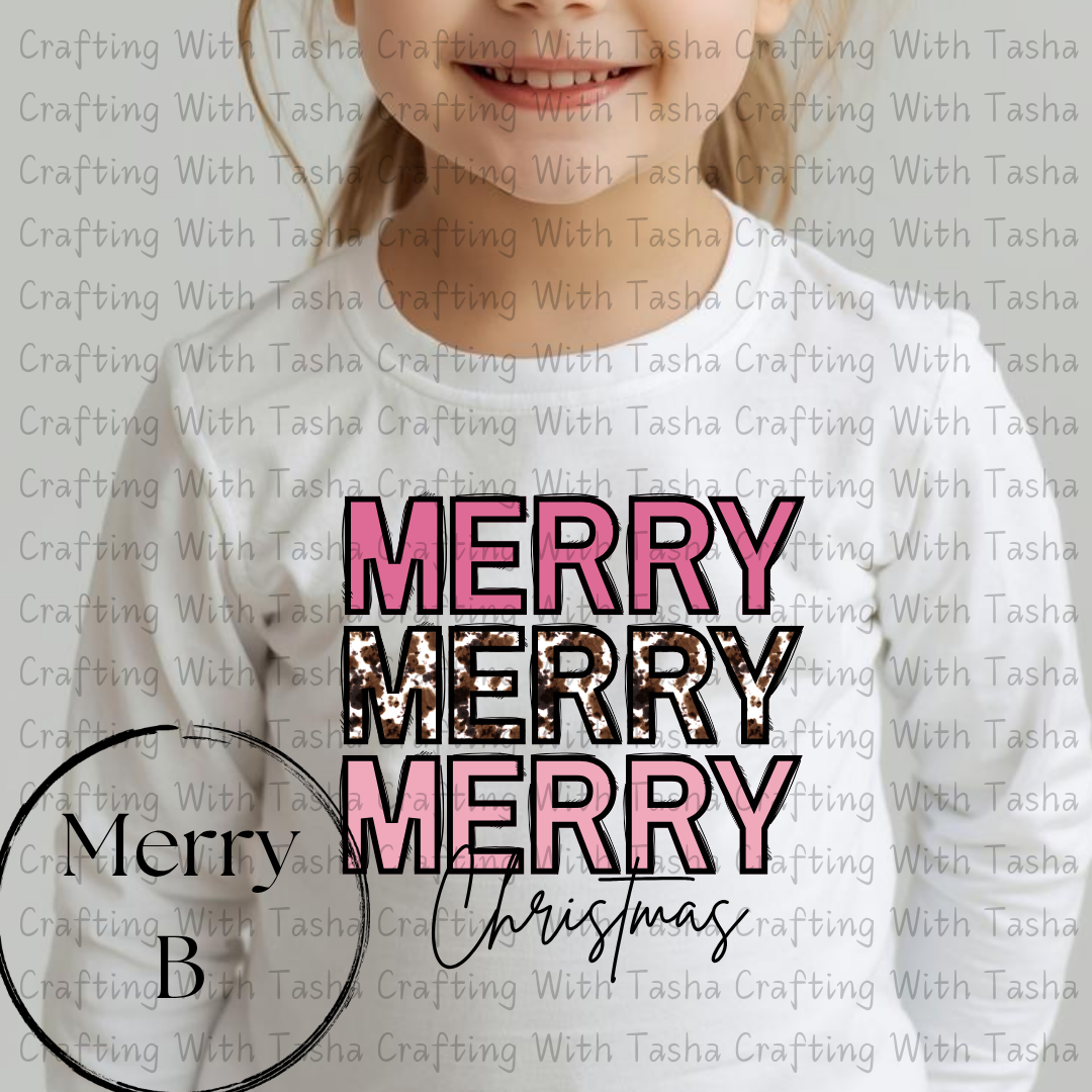 Merry Merry Merry Christmas Pink & Cow Print Design – Customizable DTF Transfer, T-Shirt, Crew Neck, Hoodie, or Cup Transfer