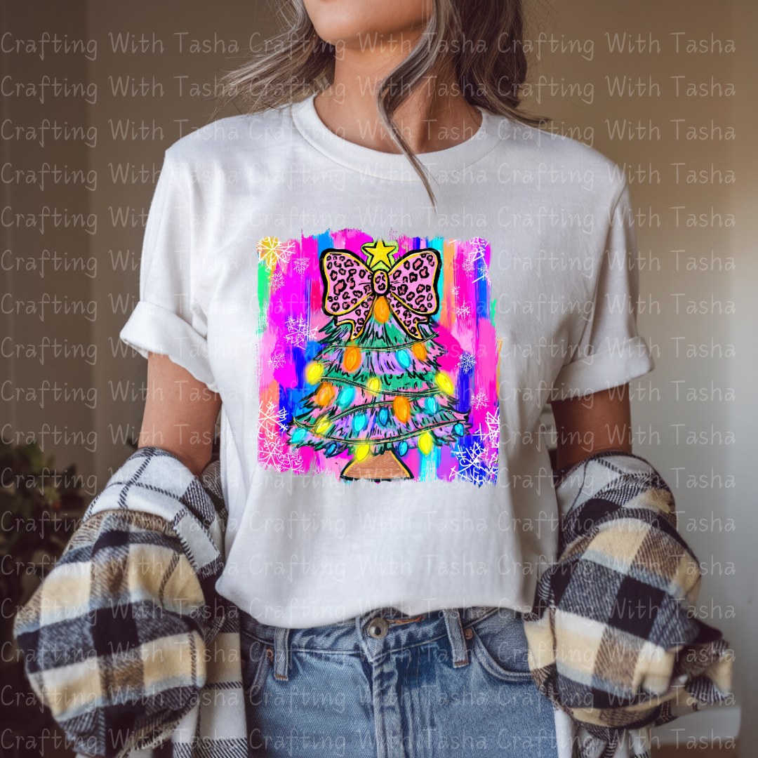 Neon Leopard Bow Christmas Tree DTF Transfer – Bright Retro Holiday Lights Design
