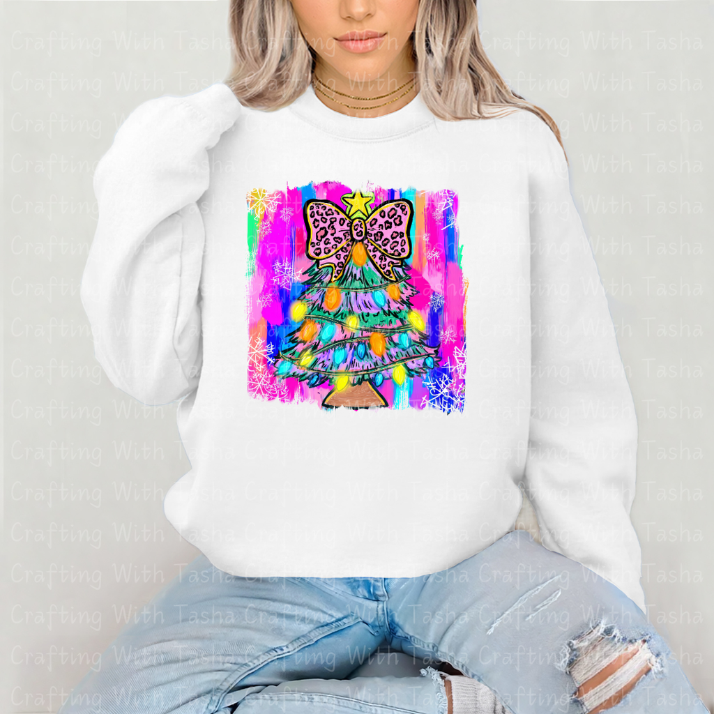 Neon Leopard Bow Christmas Tree DTF Transfer – Bright Retro Holiday Lights Design