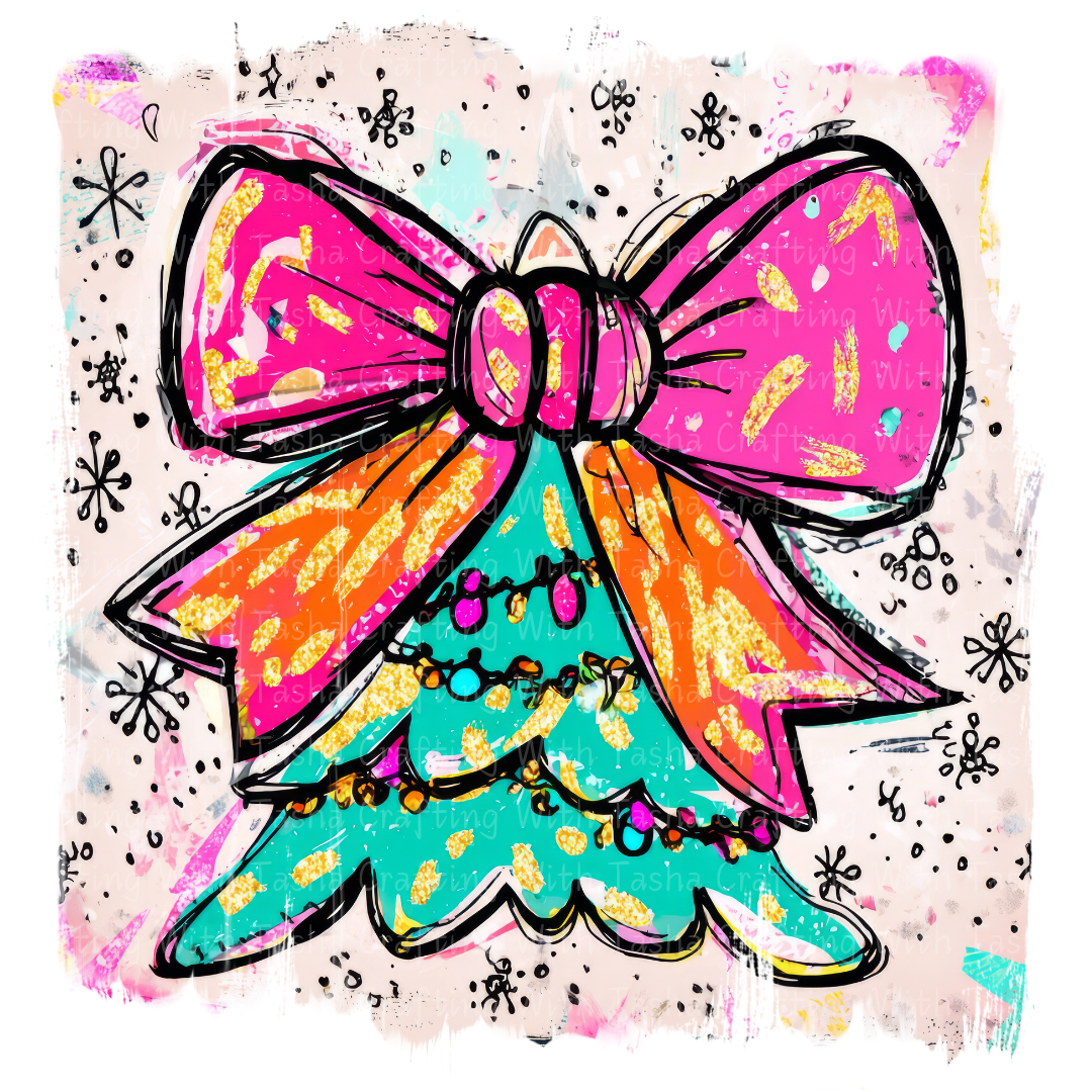 Colorful Christmas tree with a large pink bow on a decorative background