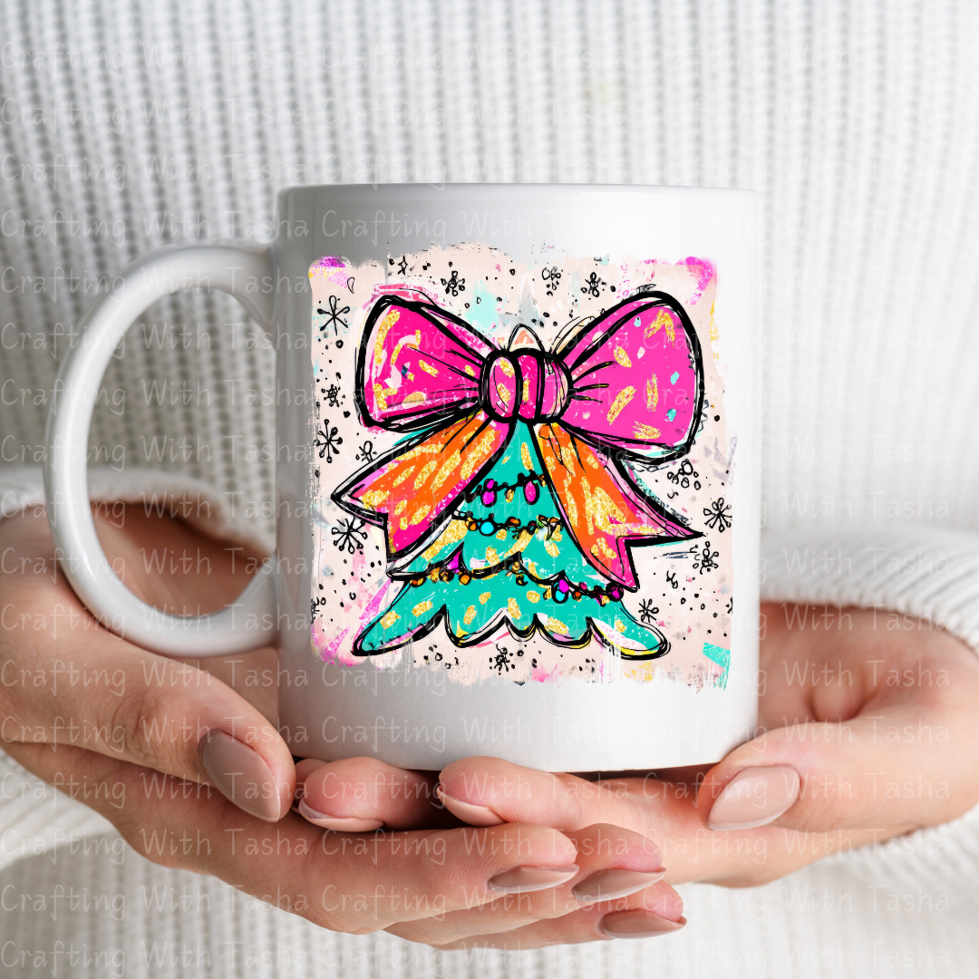 Bright Retro Bow Christmas Tree DTF Transfer – Pink & Orange Holiday Design