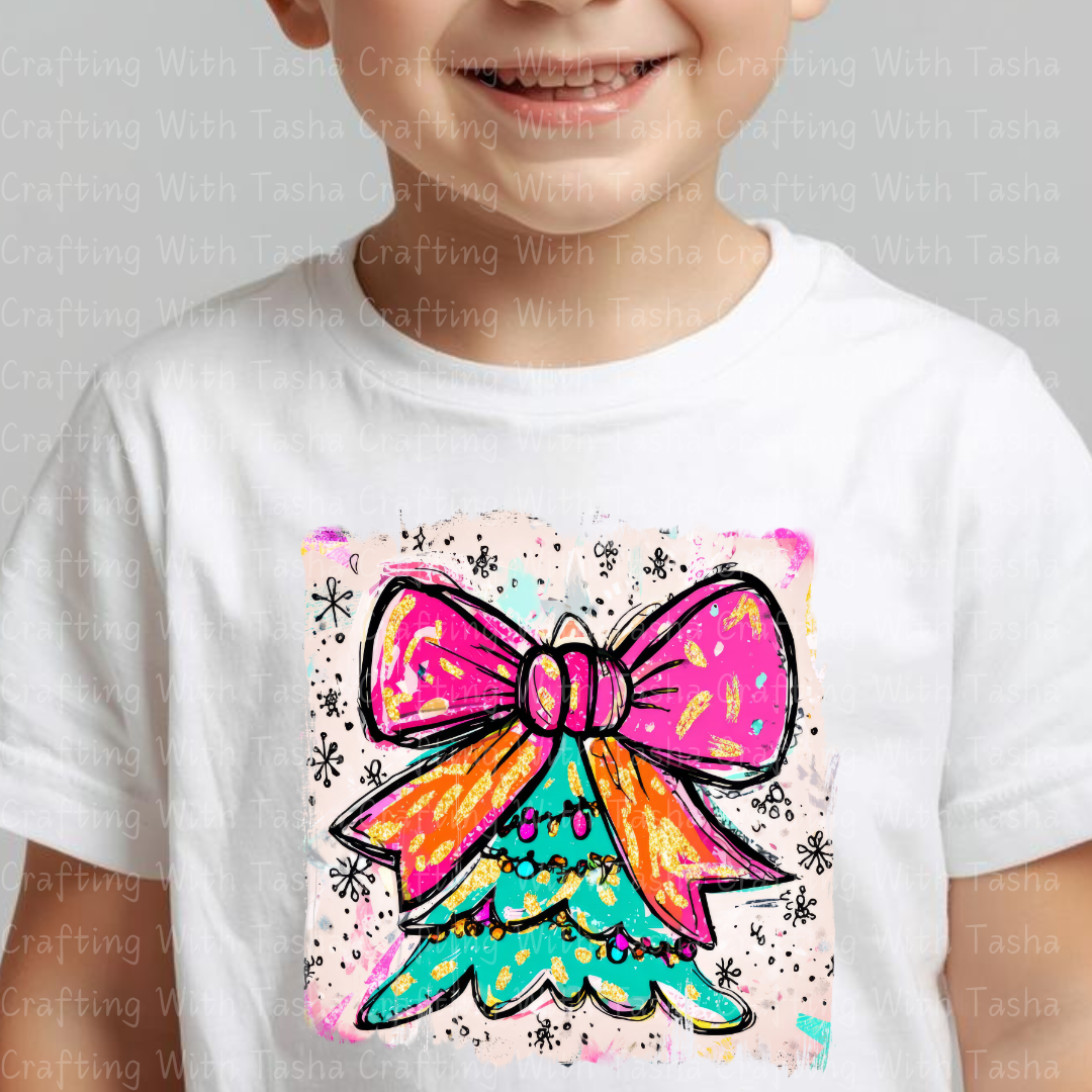 Bright Retro Bow Christmas Tree DTF Transfer – Pink & Orange Holiday Design