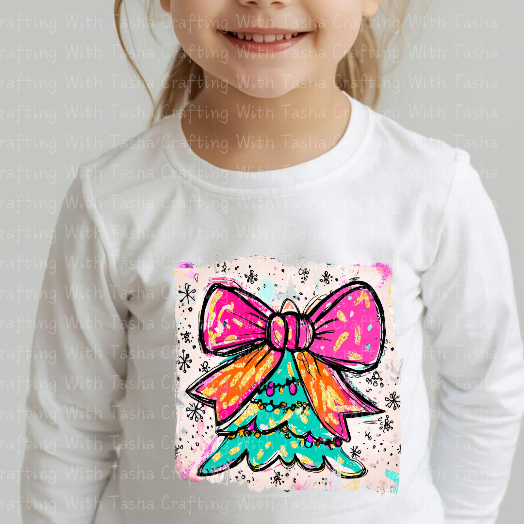 Bright Retro Bow Christmas Tree DTF Transfer – Pink & Orange Holiday Design