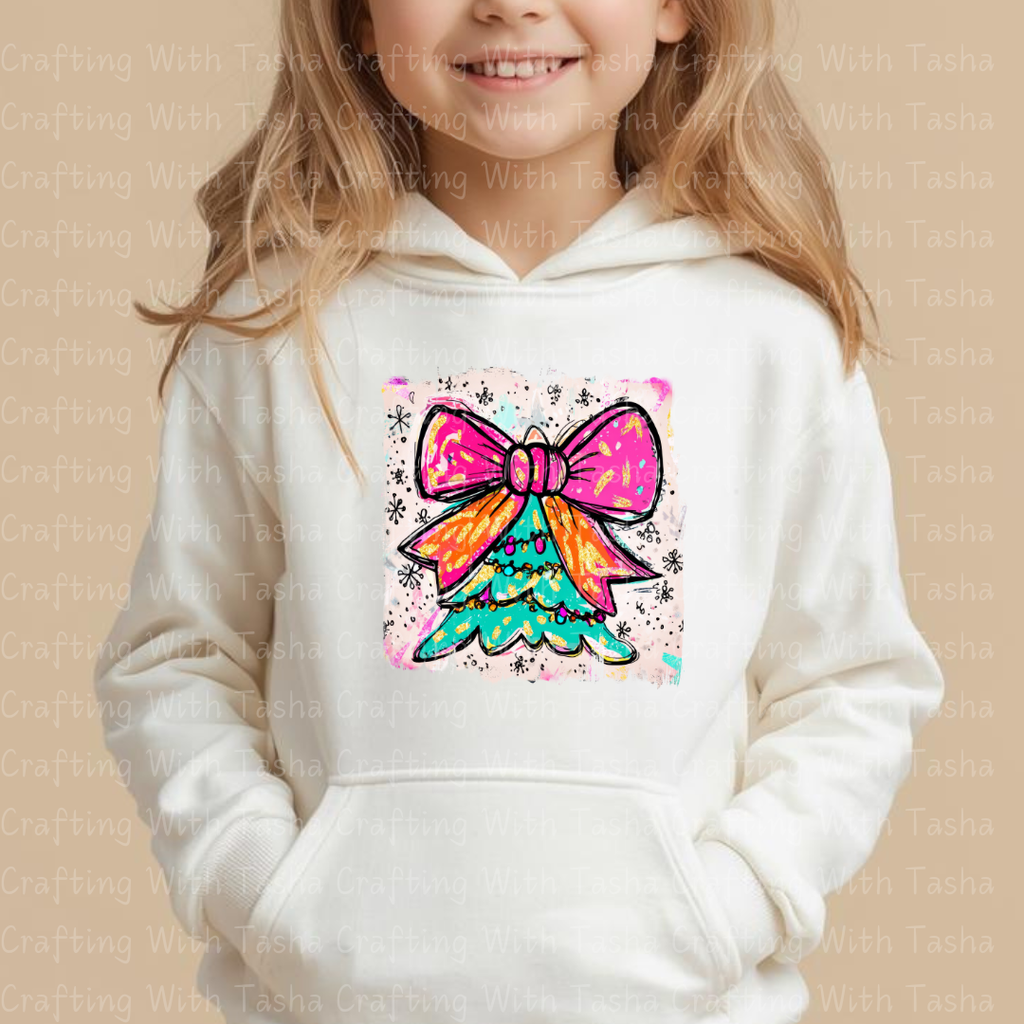 Bright Retro Bow Christmas Tree DTF Transfer – Pink & Orange Holiday Design