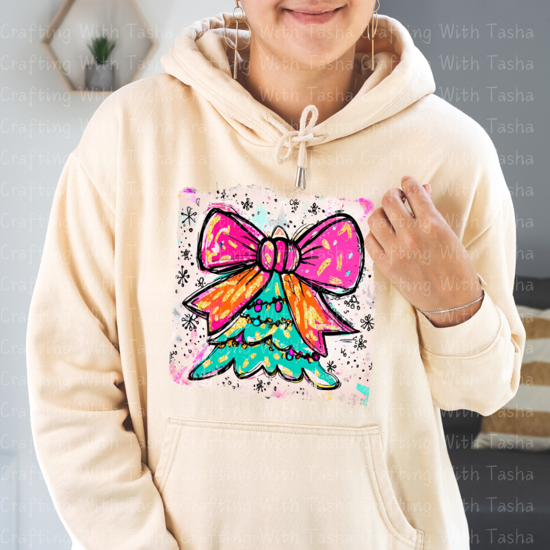 Bright Retro Bow Christmas Tree DTF Transfer – Pink & Orange Holiday Design