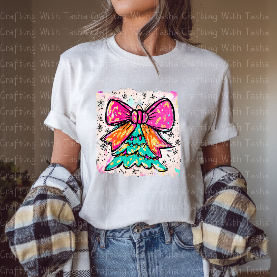Bright Retro Bow Christmas Tree DTF Transfer – Pink & Orange Holiday Design