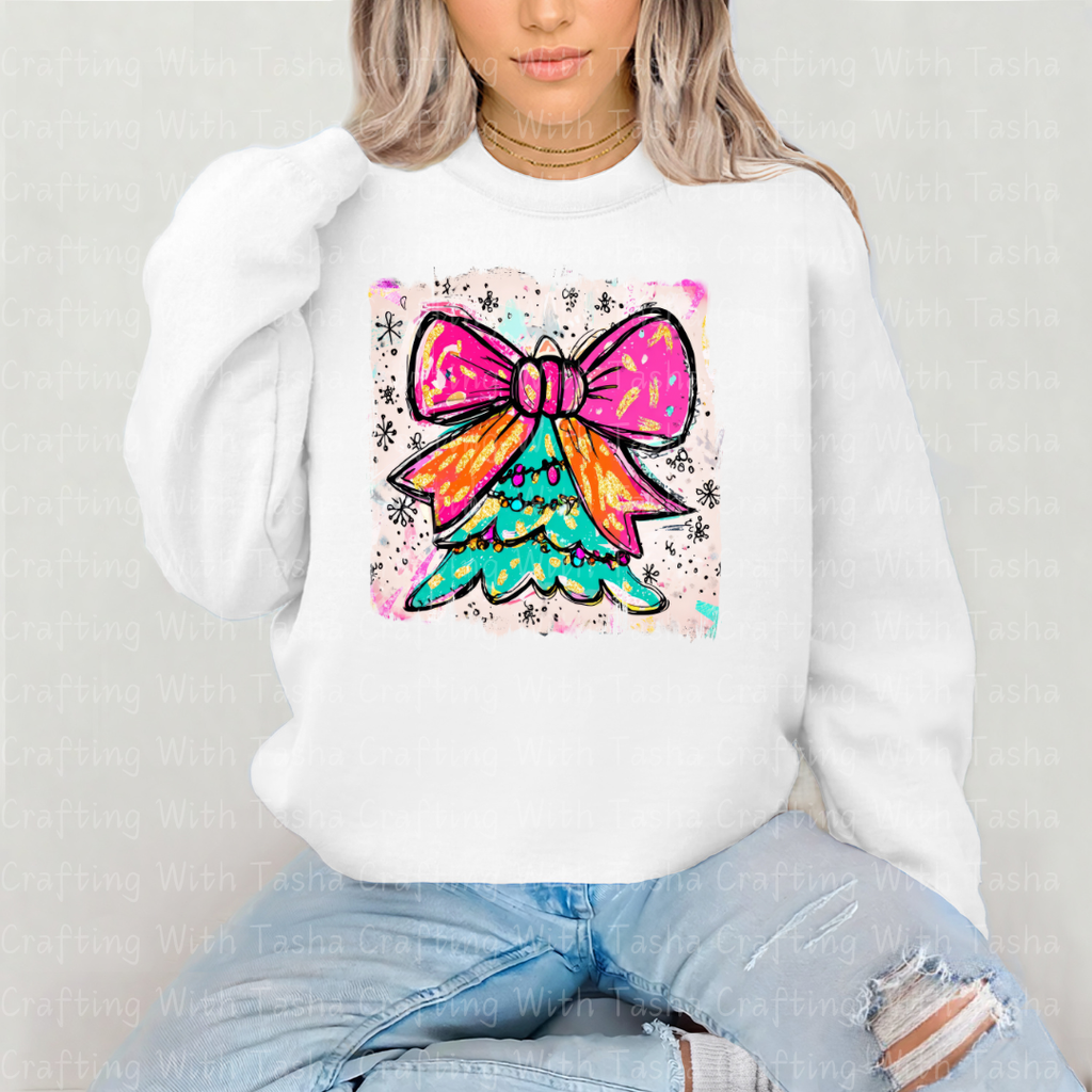 Bright Retro Bow Christmas Tree DTF Transfer – Pink & Orange Holiday Design