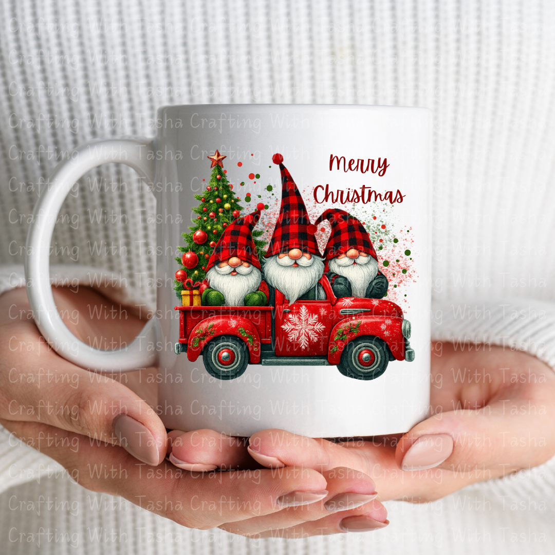 Buffalo Plaid Gnomes in Red Christmas Truck Design – Customizable DTF Transfer, T-Shirt, Crew Neck, Hoodie, or Cup Transfer