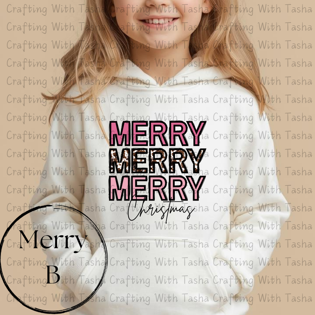 Merry Merry Merry Christmas Pink & Cow Print Design – Customizable DTF Transfer, T-Shirt, Crew Neck, Hoodie, or Cup Transfer