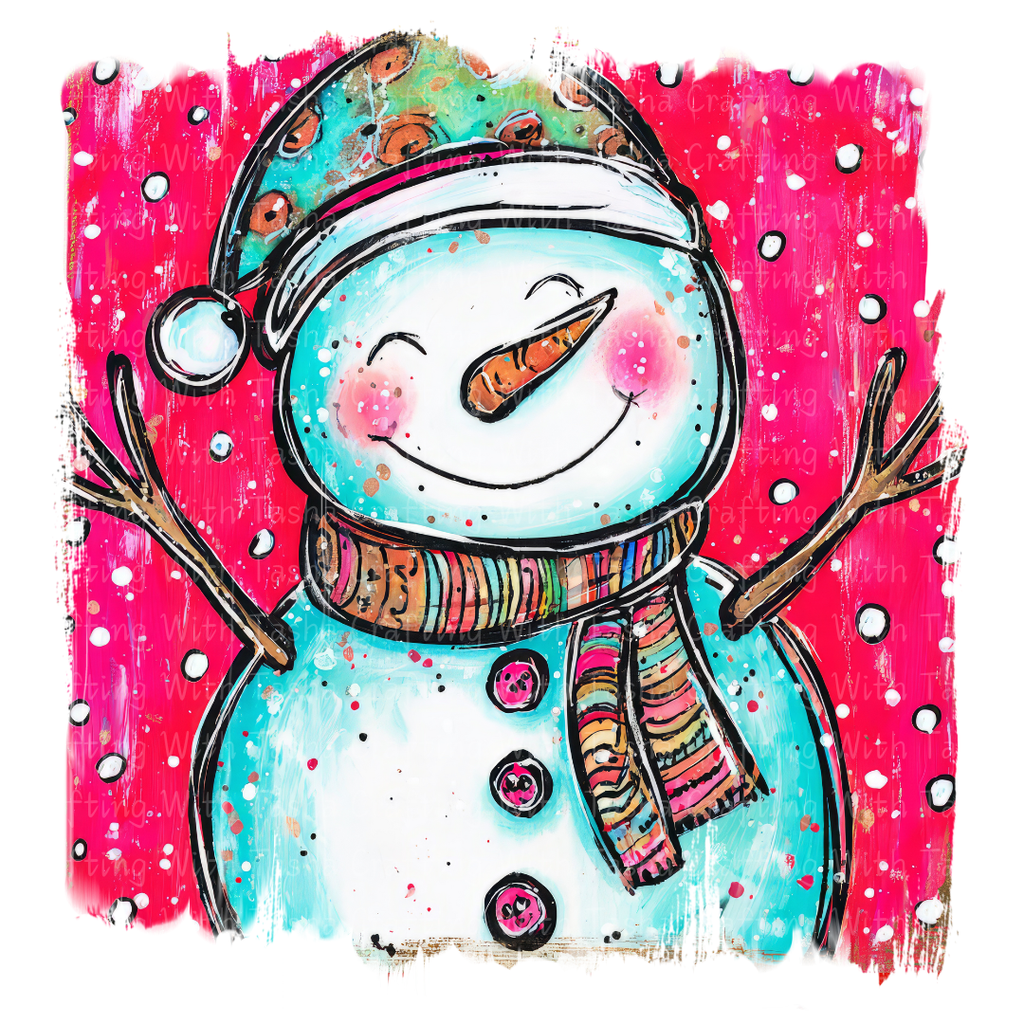 Colorful illustration of a snowman with a pink background
