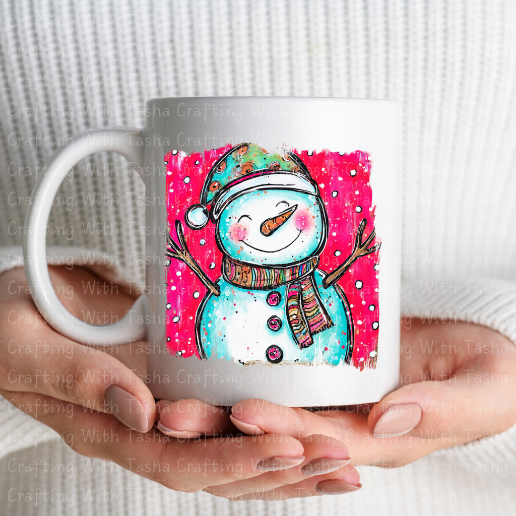 Whimsical Smiling Snowman Christmas DTF Transfer – Bright Pink Winter Design