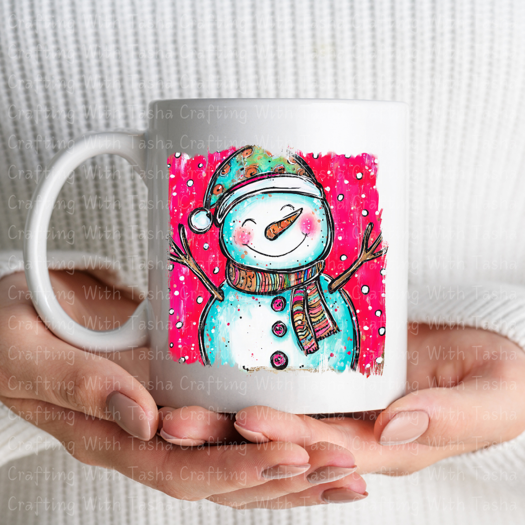 Whimsical Smiling Snowman Christmas DTF Transfer – Bright Pink Winter Design