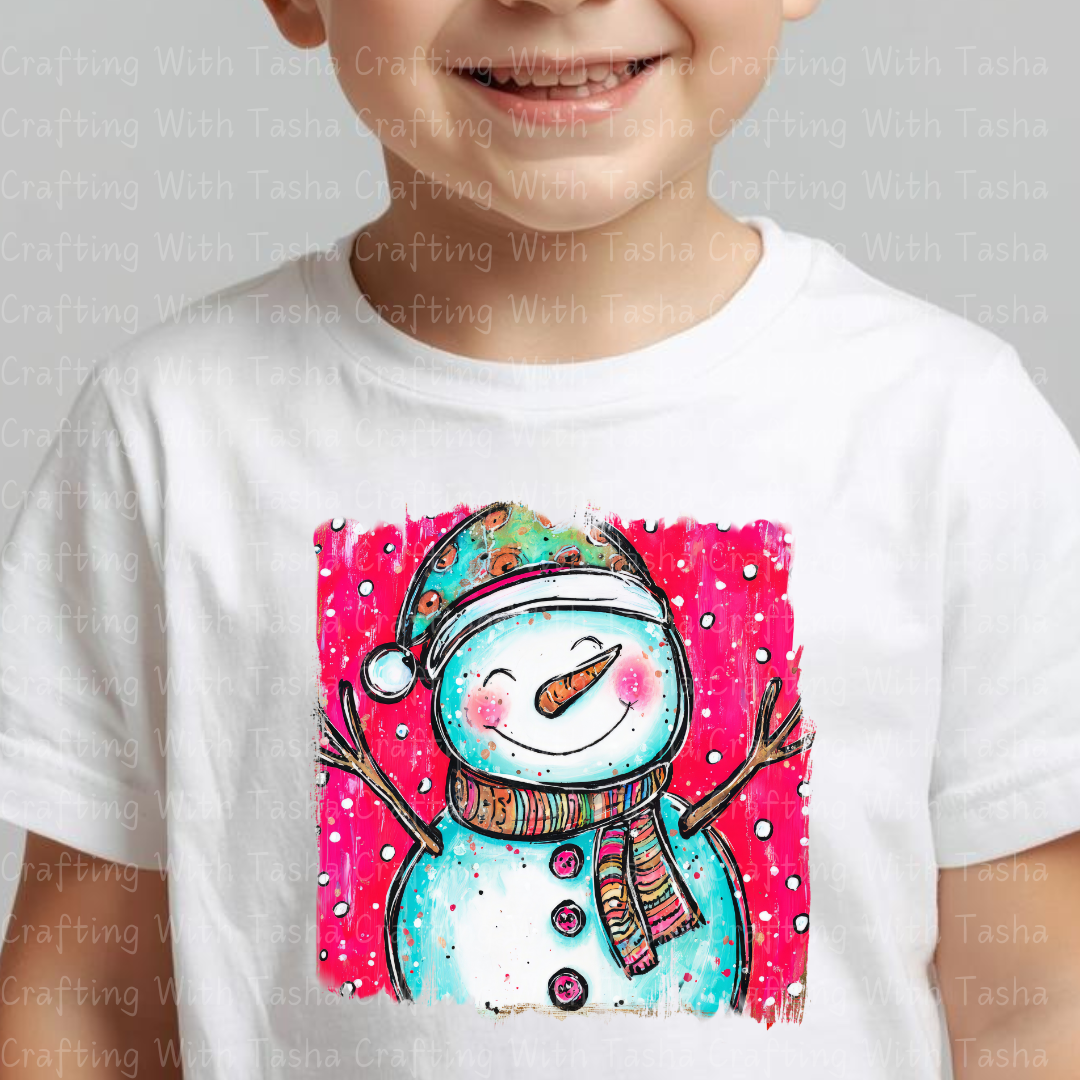 Whimsical Smiling Snowman Christmas DTF Transfer – Bright Pink Winter Design