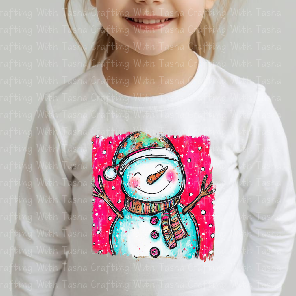Whimsical Smiling Snowman Christmas DTF Transfer – Bright Pink Winter Design