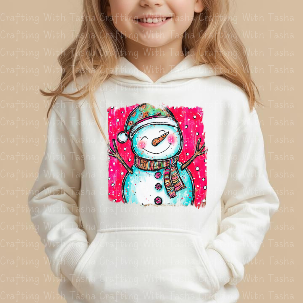 Whimsical Smiling Snowman Christmas DTF Transfer – Bright Pink Winter Design