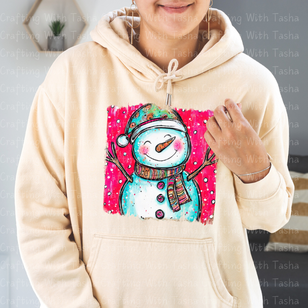 Whimsical Smiling Snowman Christmas DTF Transfer – Bright Pink Winter Design