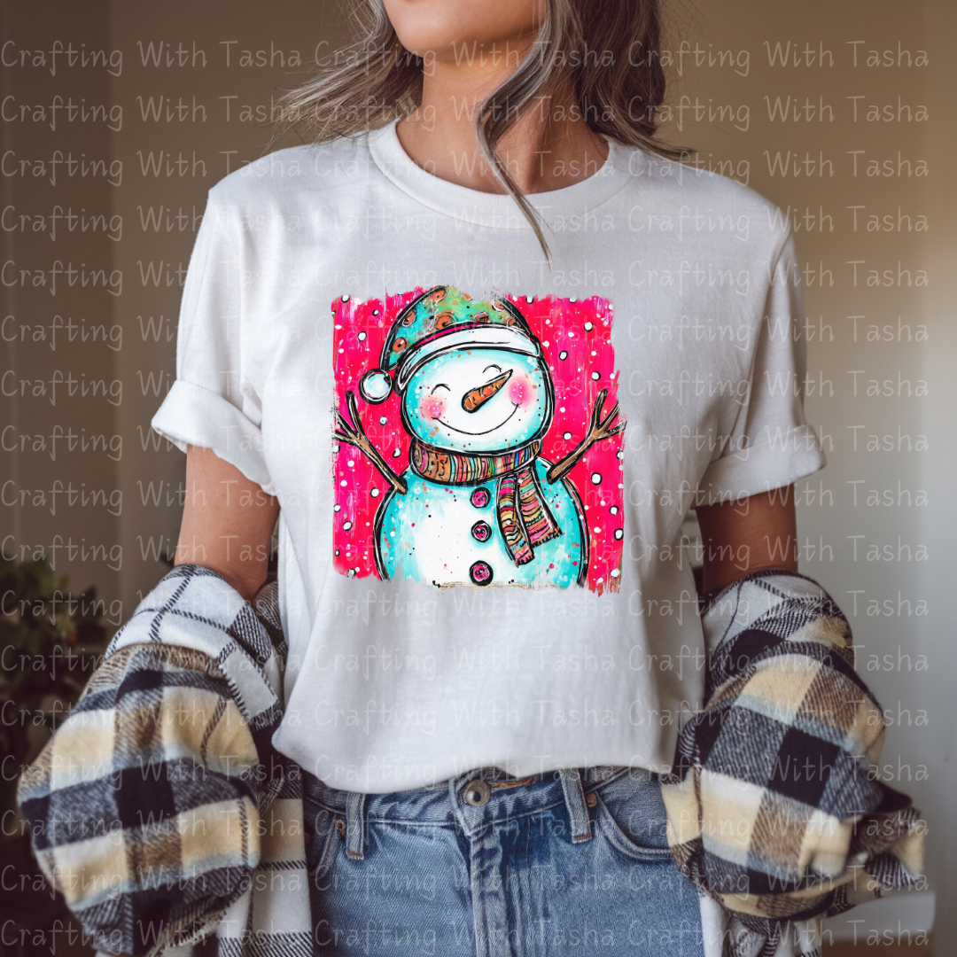 Whimsical Smiling Snowman Christmas DTF Transfer – Bright Pink Winter Design