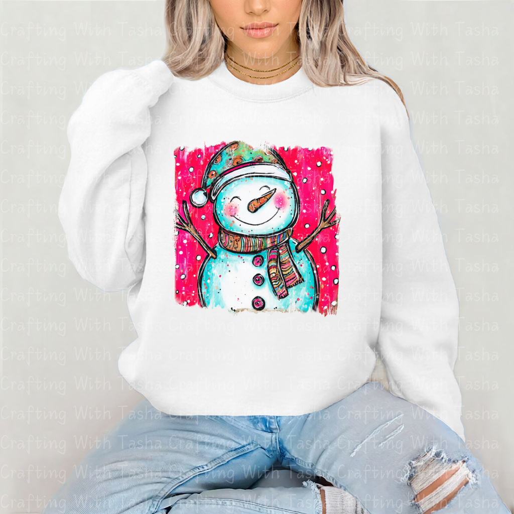 Whimsical Smiling Snowman Christmas DTF Transfer – Bright Pink Winter Design