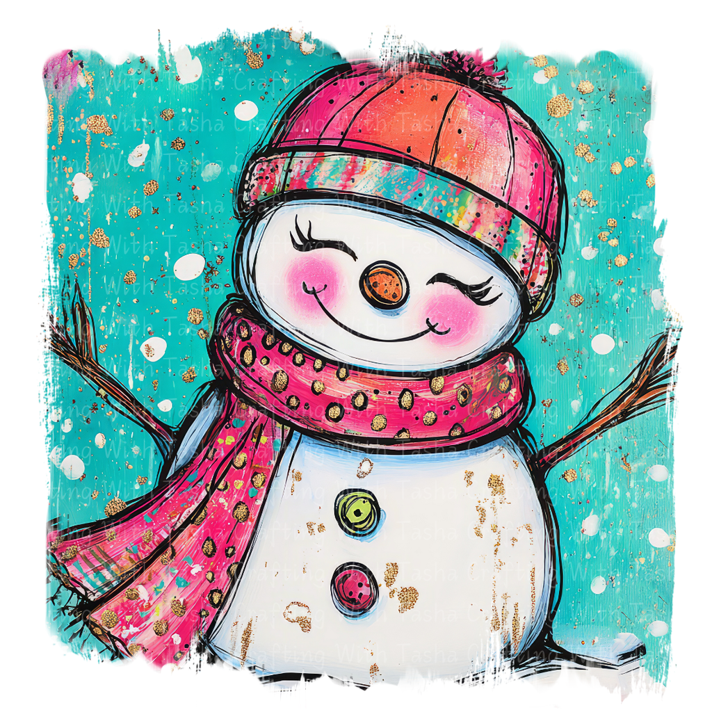 Whimsical Pink & Teal Smiling Snowgirl Christmas DTF Transfer – Cute Winter Design