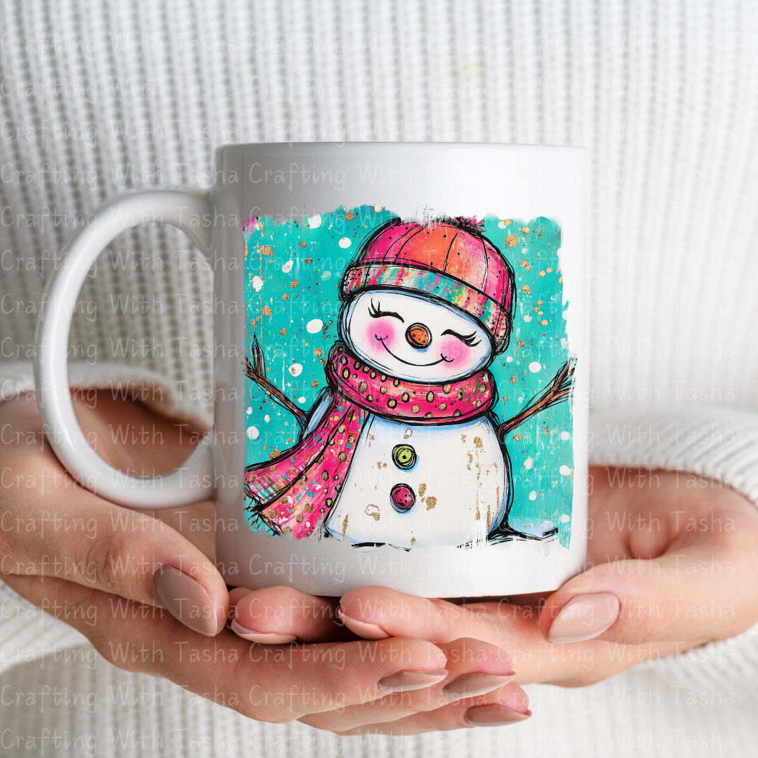 Whimsical Pink & Teal Smiling Snowgirl Christmas DTF Transfer – Cute Winter Design