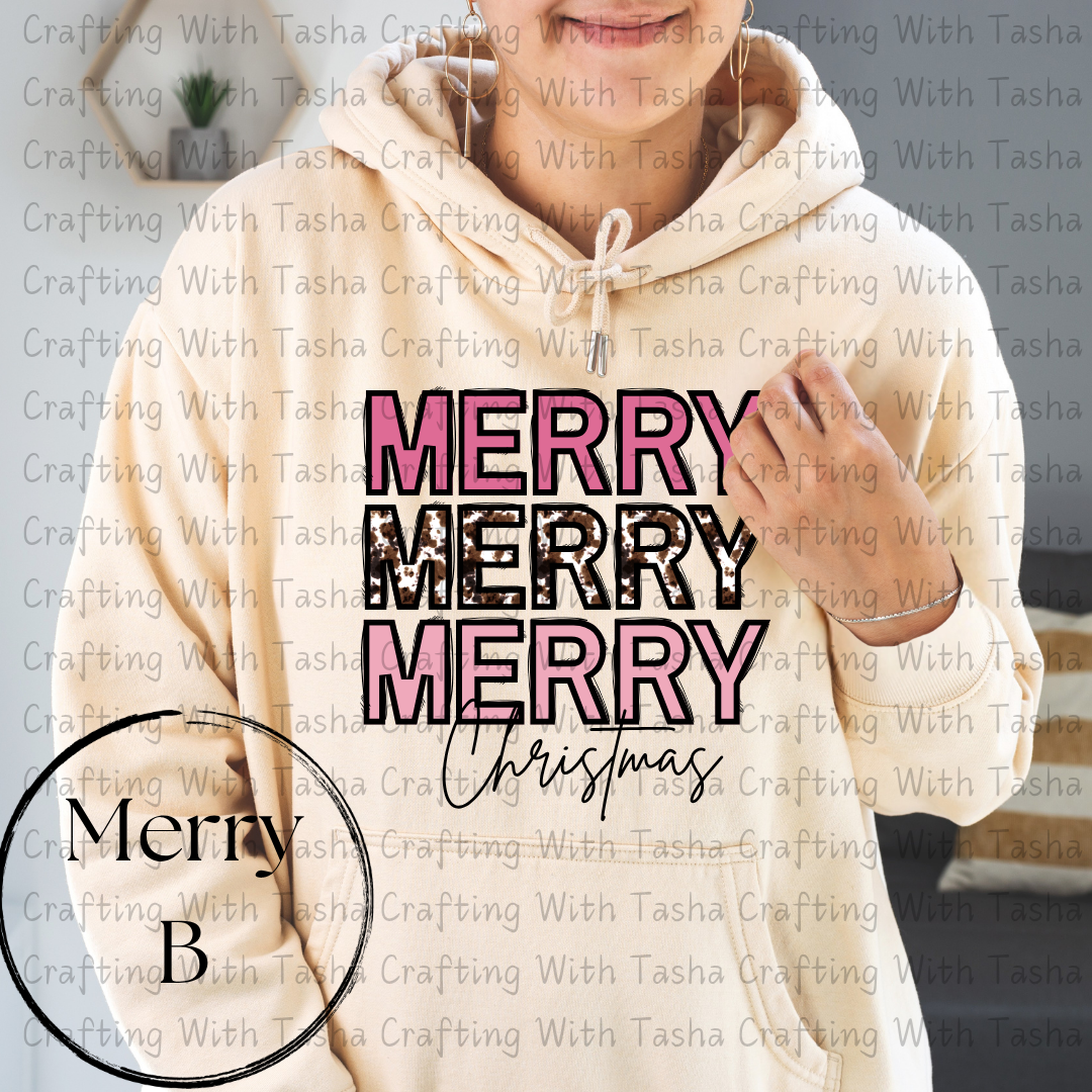 Merry Merry Merry Christmas Pink & Cow Print Design – Customizable DTF Transfer, T-Shirt, Crew Neck, Hoodie, or Cup Transfer