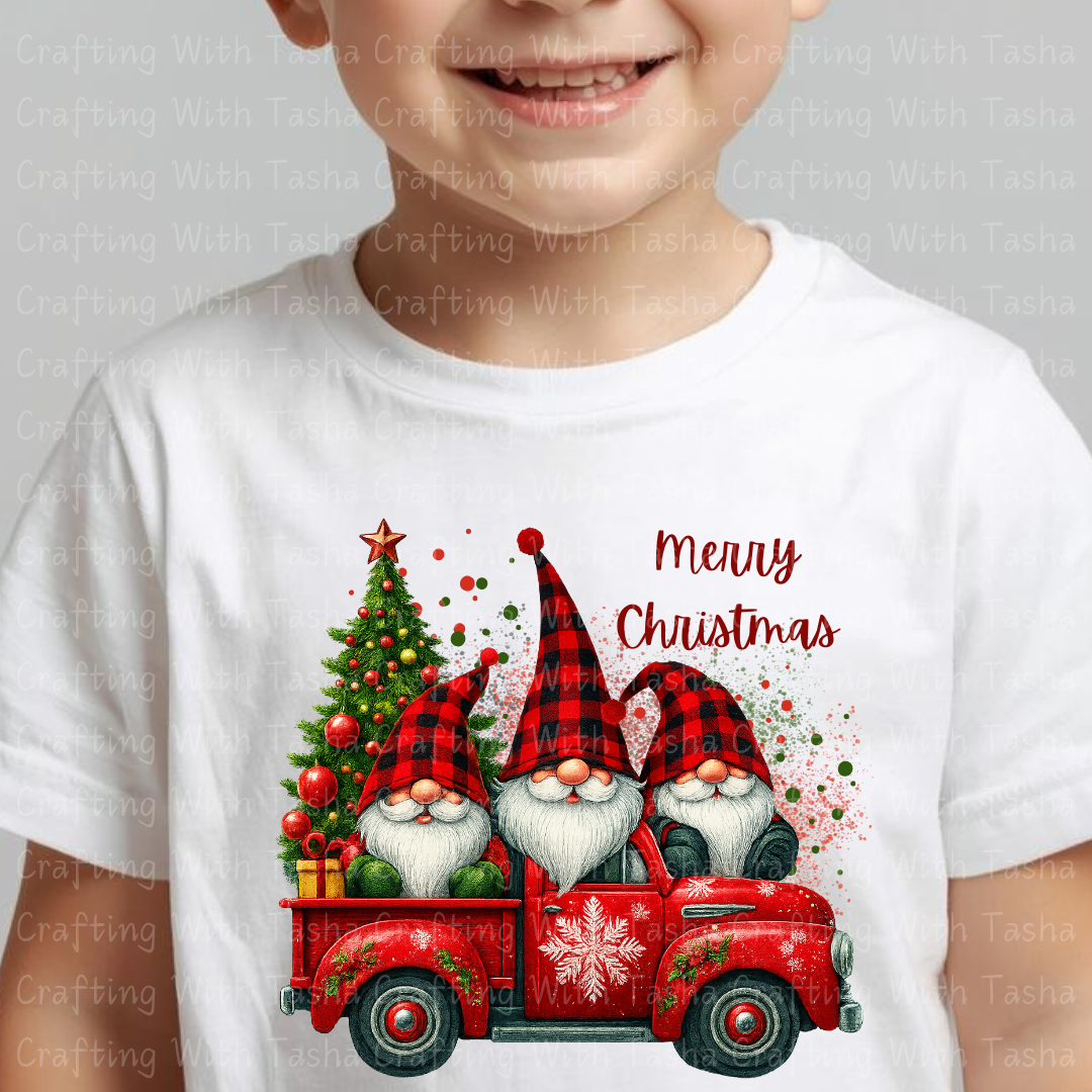 Buffalo Plaid Gnomes in Red Christmas Truck Design – Customizable DTF Transfer, T-Shirt, Crew Neck, Hoodie, or Cup Transfer