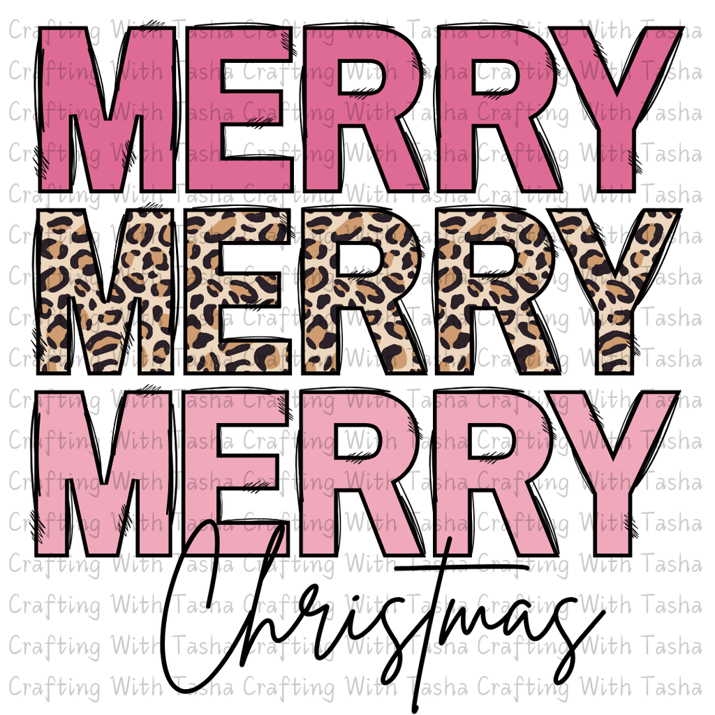 Text 'MERRY MERRY MERRY Christmas' with pink and leopard print letters on a white background.