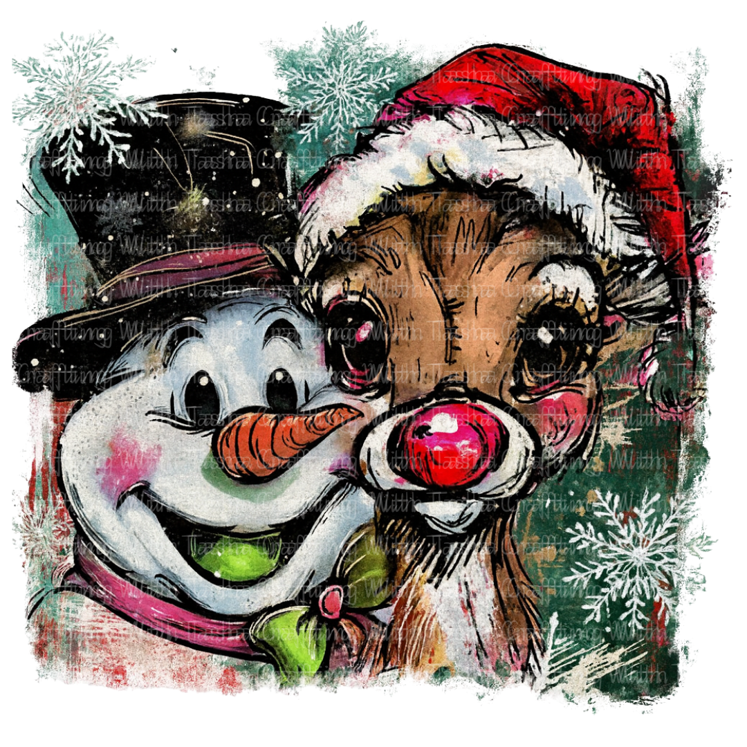 Vintage Frosty and Rudolph Christmas Design – Customizable DTF Transfer, T-Shirt, Crew Neck, Hoodie, or Cup Transfer