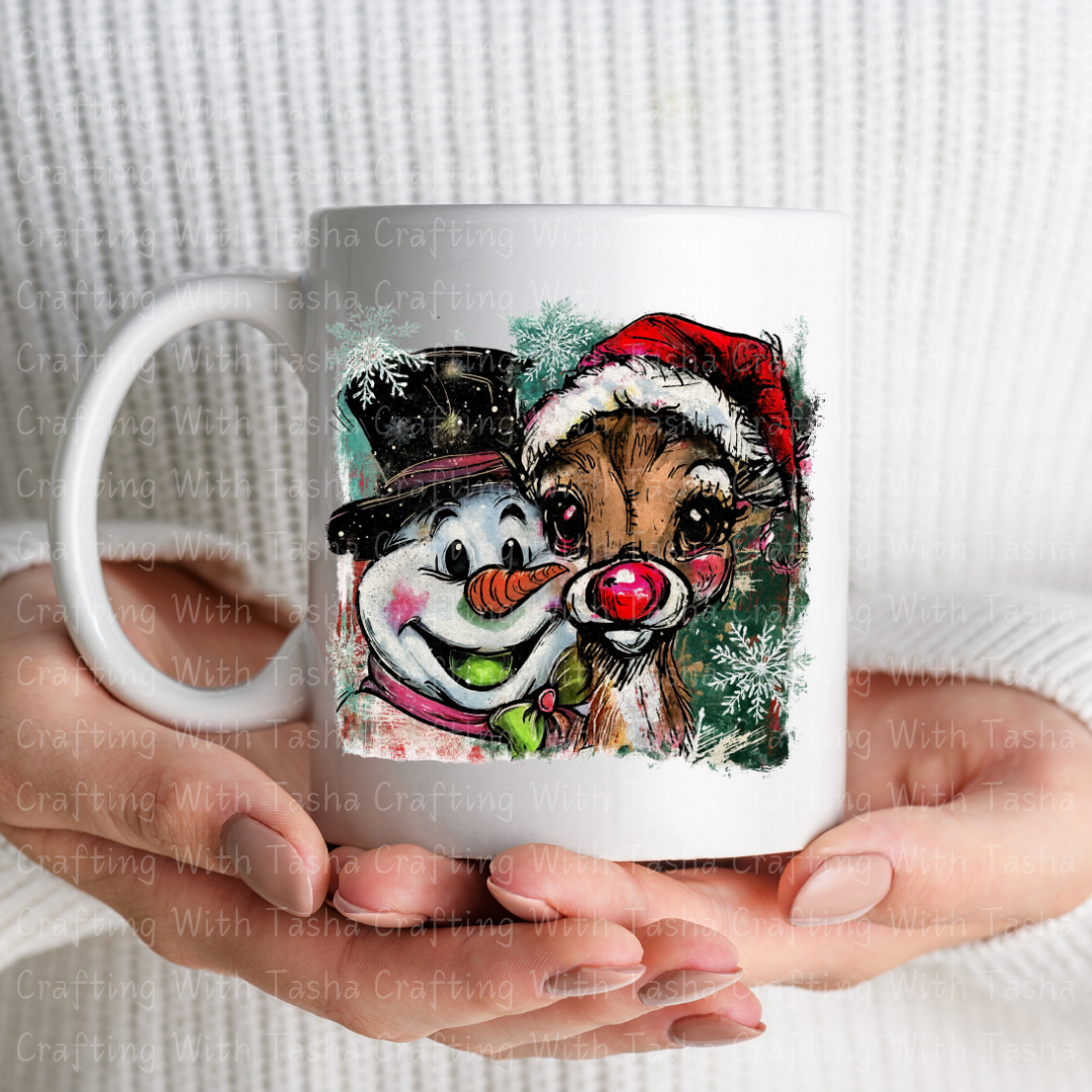 Vintage Frosty and Rudolph Christmas Design – Customizable DTF Transfer, T-Shirt, Crew Neck, Hoodie, or Cup Transfer