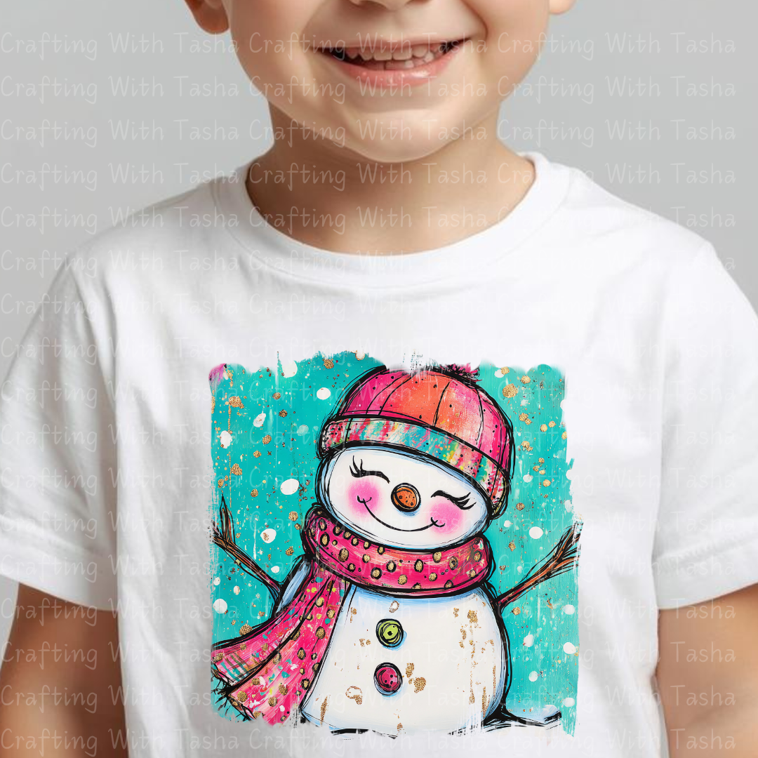 Whimsical Pink & Teal Smiling Snowgirl Christmas DTF Transfer – Cute Winter Design