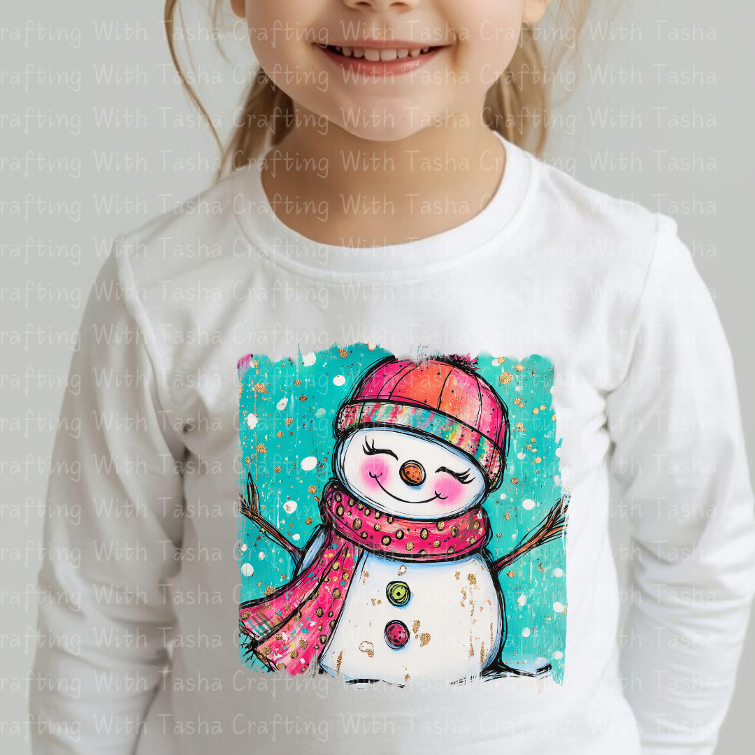 Whimsical Pink & Teal Smiling Snowgirl Christmas DTF Transfer – Cute Winter Design