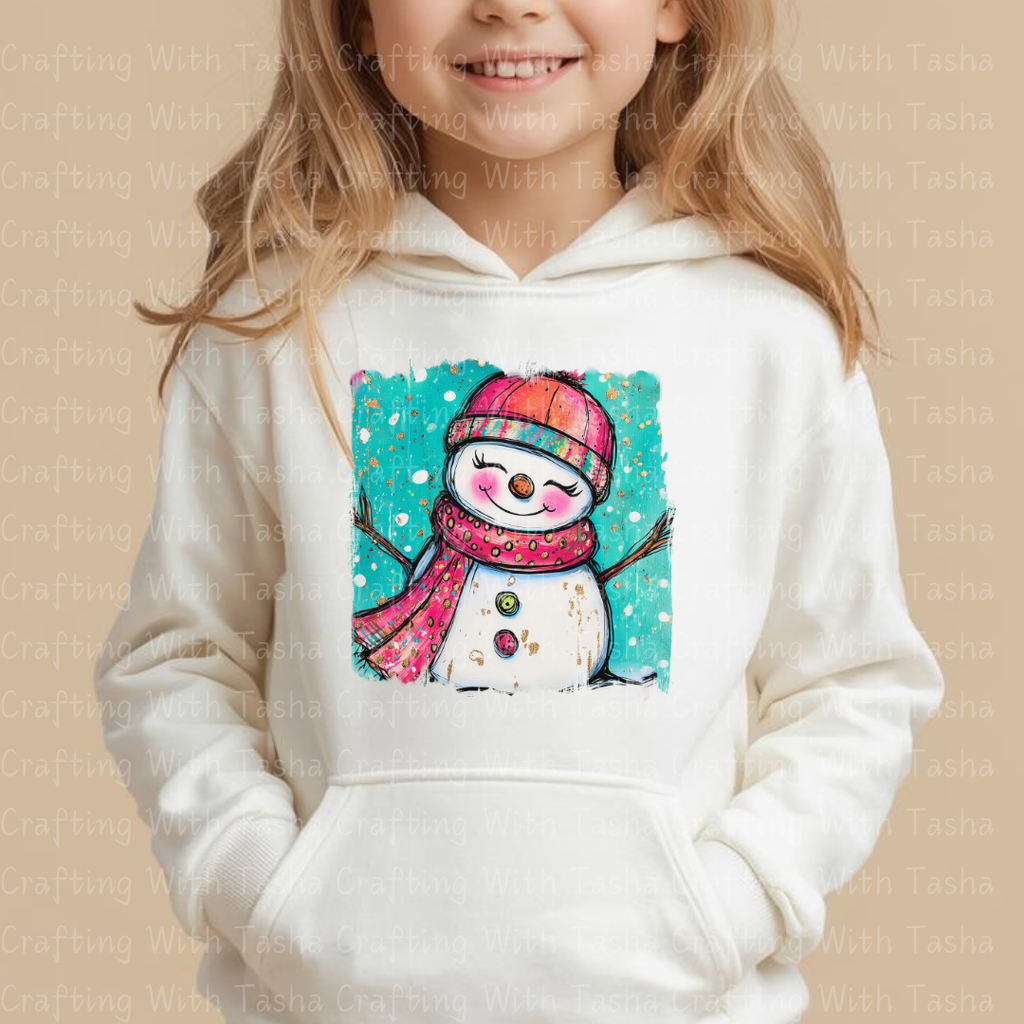 Whimsical Pink & Teal Smiling Snowgirl Christmas DTF Transfer – Cute Winter Design