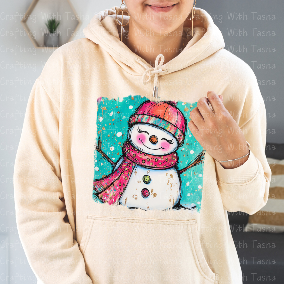 Whimsical Pink & Teal Smiling Snowgirl Christmas DTF Transfer – Cute Winter Design