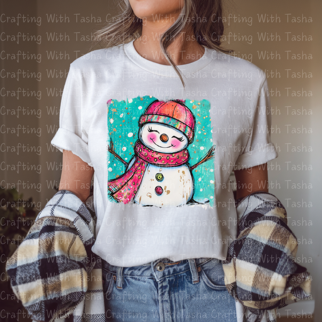 Whimsical Pink & Teal Smiling Snowgirl Christmas DTF Transfer – Cute Winter Design