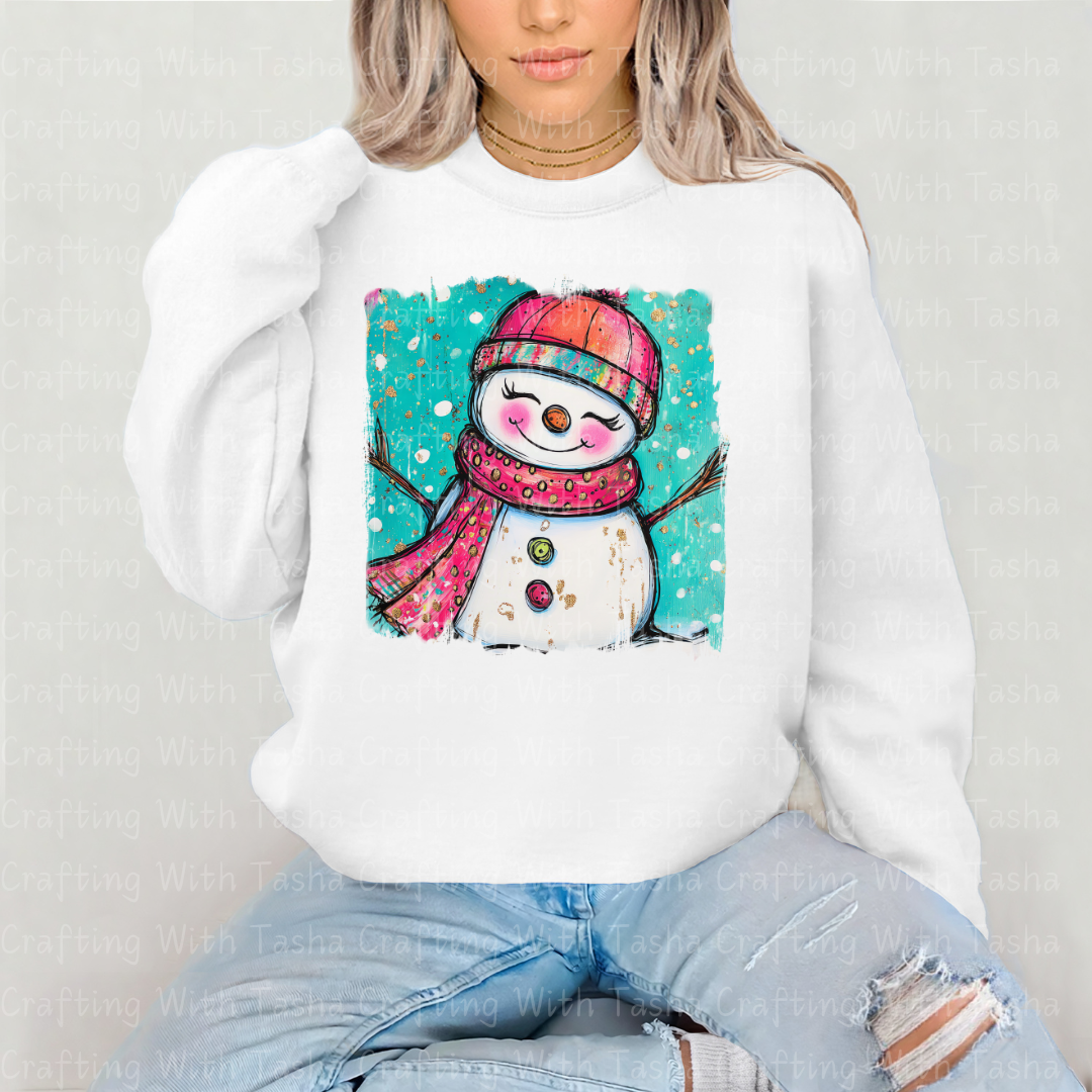 Whimsical Pink & Teal Smiling Snowgirl Christmas DTF Transfer – Cute Winter Design