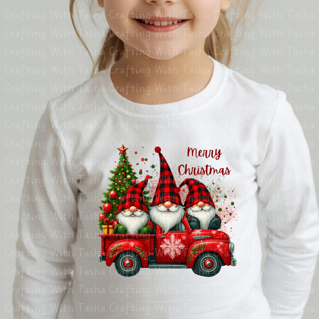 Buffalo Plaid Gnomes in Red Christmas Truck Design – Customizable DTF Transfer, T-Shirt, Crew Neck, Hoodie, or Cup Transfer