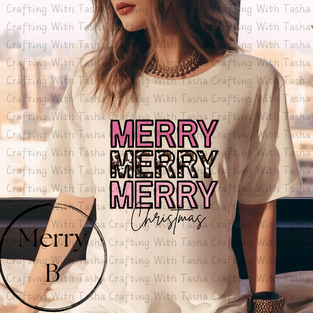 Merry Merry Merry Christmas Pink & Cow Print Design – Customizable DTF Transfer, T-Shirt, Crew Neck, Hoodie, or Cup Transfer